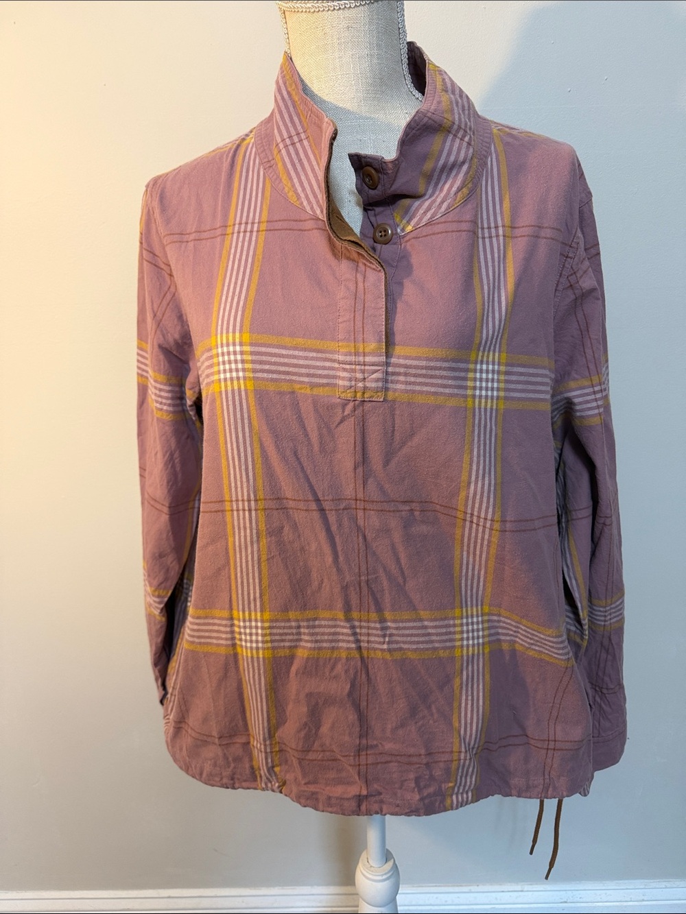 L.L. Bean Mauve Plaid Pullover Tunic with Yellow and Cream Stripes